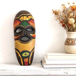 Hand Carved African Tribal Mask Wooden Wall Shelf Art | Ethnic Boho Home Decor